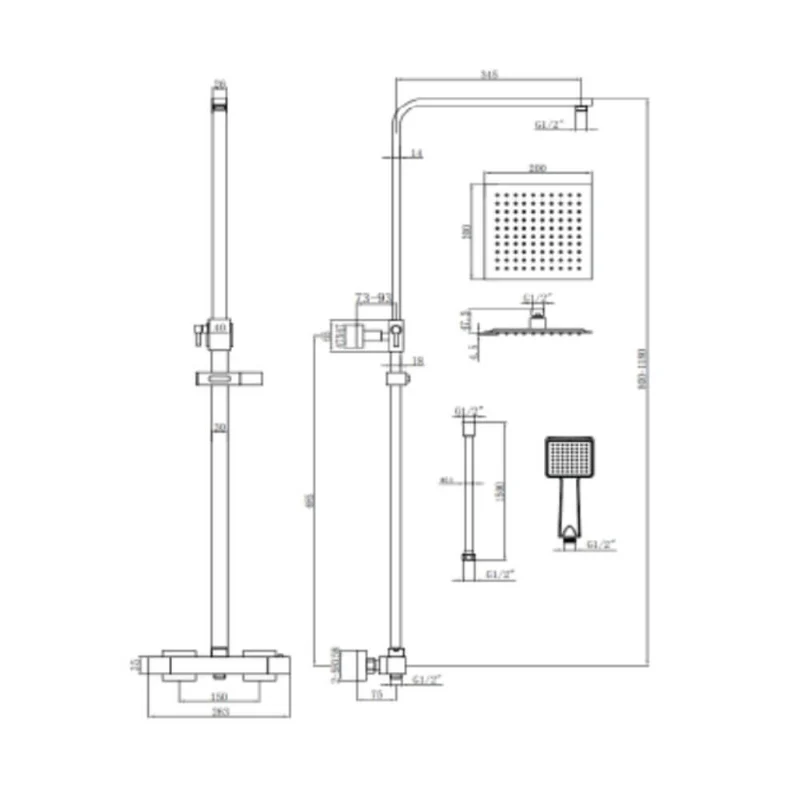 Lux Square Exposed Thermostatic Shower With 200mm Slim Overhead & Slide Rail Kit - Matt Black