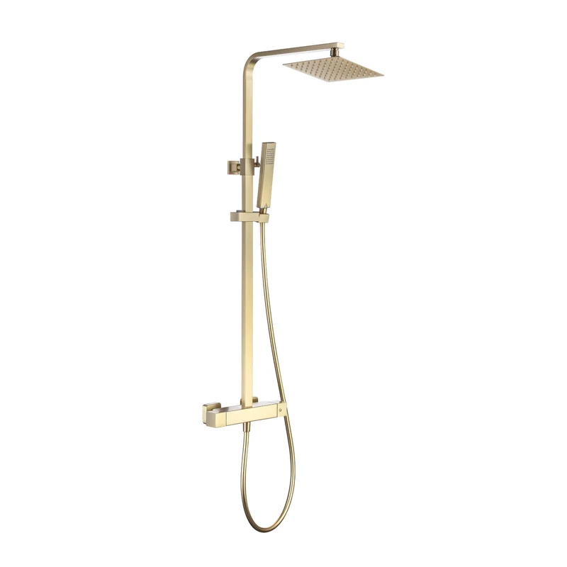 Lux Square Exposed Thermostatic Shower With 200mm Slim Overhead & Slide Rail Kit - Brushed Brass