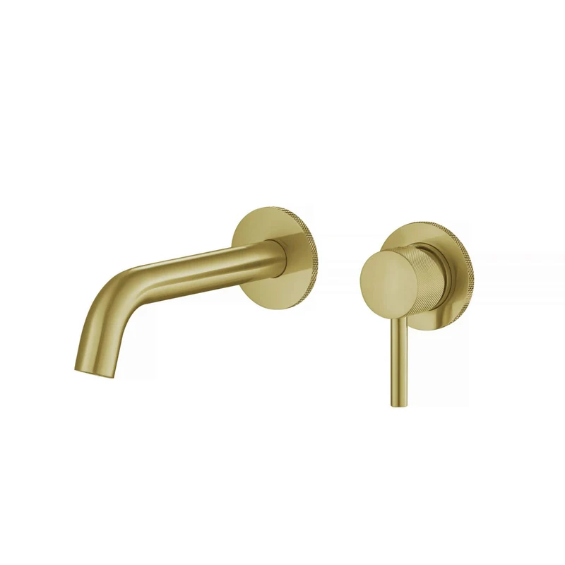 Lux Knurled Wall Mounted 2 Hole Basin Mixer - Brushed Brass