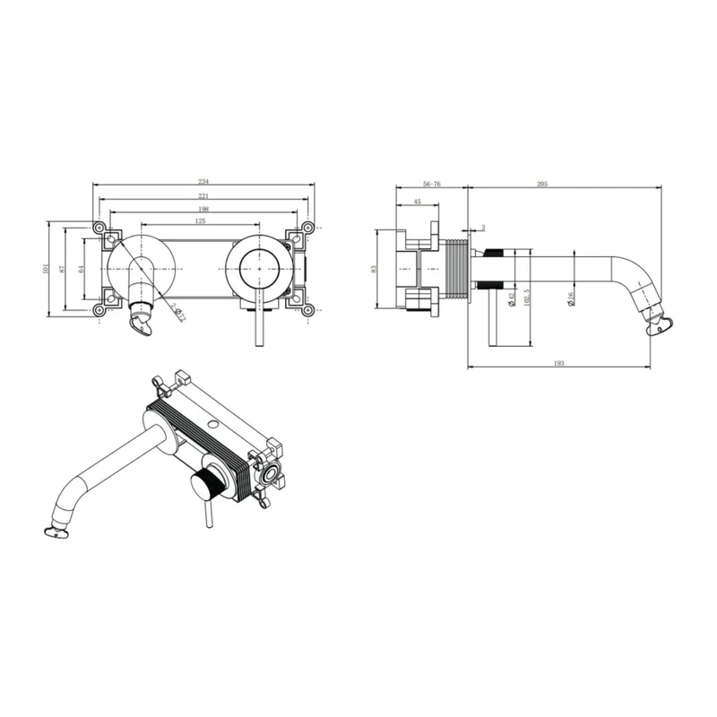 Lux Knurled Wall Mounted 2 Hole Basin Mixer - Brushed Brass