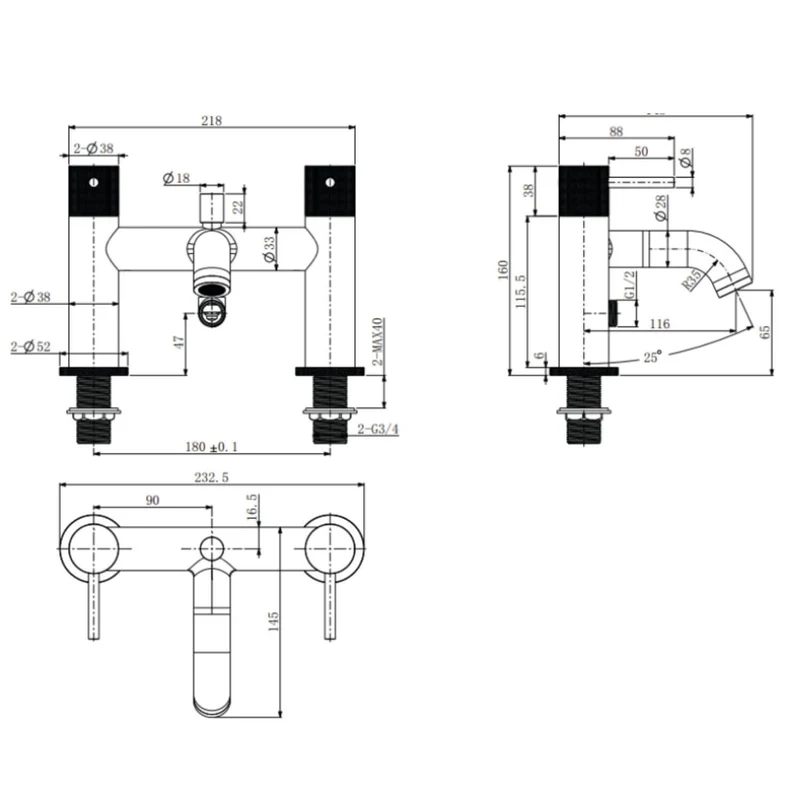 Lux Knurled Bath Shower Mixer - Brushed Brass