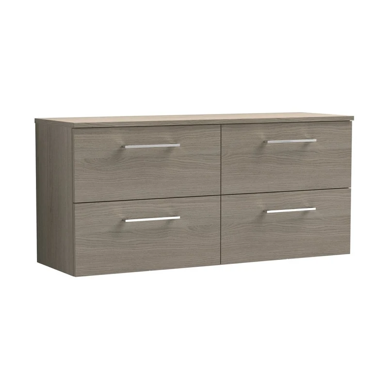 Nuie Arno 1200mm Wall Hung 4 Drawer Vanity & Worktop Contemporary Solace Oak MFC Textured Woodgrain 557x1205x390mm