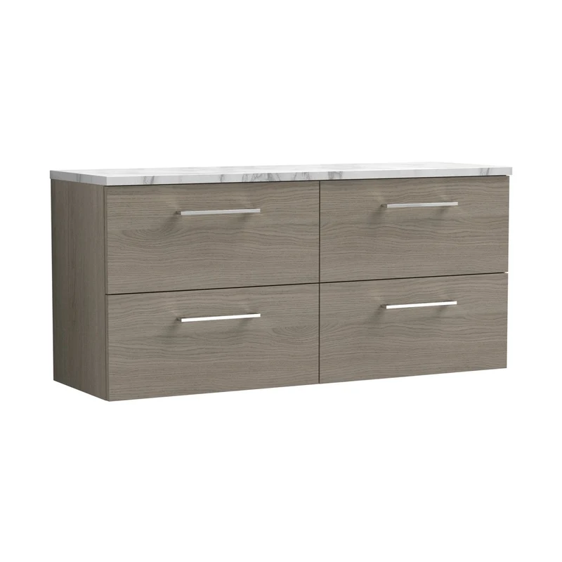 Nuie Arno 1200mm Wall Hung 4-drawer Vanity & Laminate Worktop Contemporary Solace Oak MFC Textured Woodgrain 561x1205x390mm - ARN2524LCM2