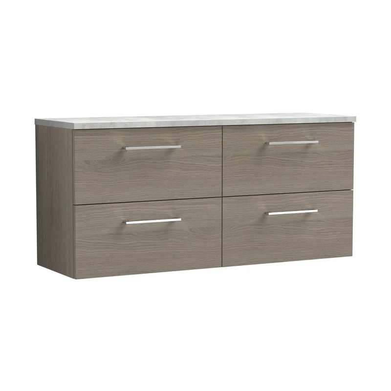 Nuie Arno 1200mm Wall Hung 4-drawer Vanity & Laminate Worktop Contemporary Solace Oak MFC Textured Woodgrain 561x1205x390mm - ARN2524LBG2