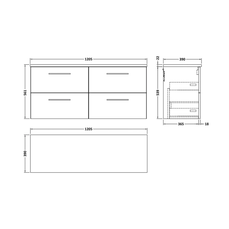 Nuie Arno 1200mm Wall Hung 4-drawer Vanity & Laminate Worktop Contemporary Solace Oak MFC Textured Woodgrain 561x1205x390mm - ARN2524LBG2