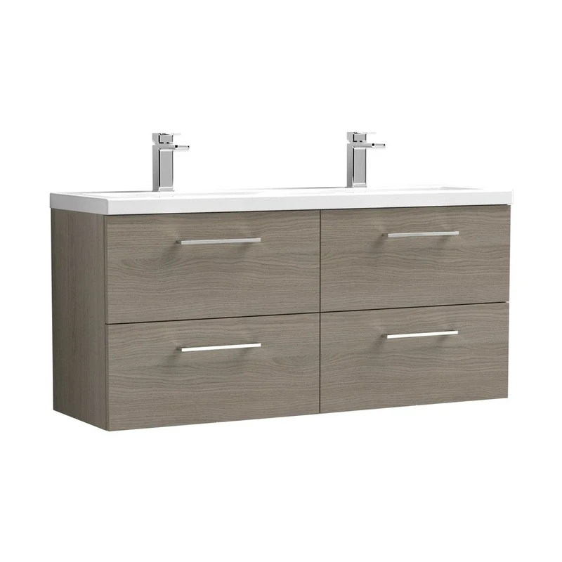 Nuie Arno 1200mm Wall Hung 4 Drawer Vanity & Double Basin Contemporary Solace Oak MFC Textured Woodgrain 579x1205x383mm