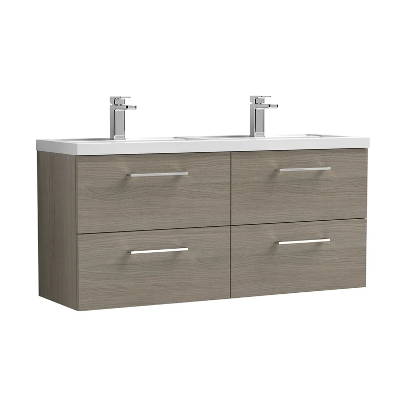 Nuie Arno 1200mm Wall Hung 4 Drawer Vanity & Double Basin Contemporary Solace Oak MFC Textured Woodgrain 561x1205x383mm