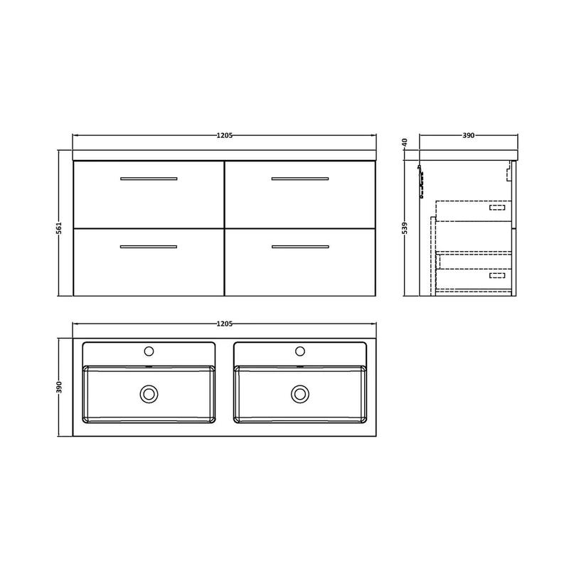 Nuie Arno 1200mm Wall Hung 4 Drawer Vanity & Double Basin Contemporary Solace Oak MFC Textured Woodgrain 561x1205x383mm