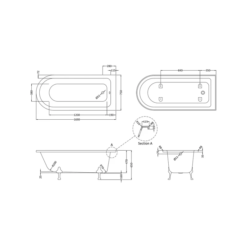 Hudson Reed Winterburn Freestanding Shower Bath - Pride Leg Set (1700mm) Trad White Acrylic