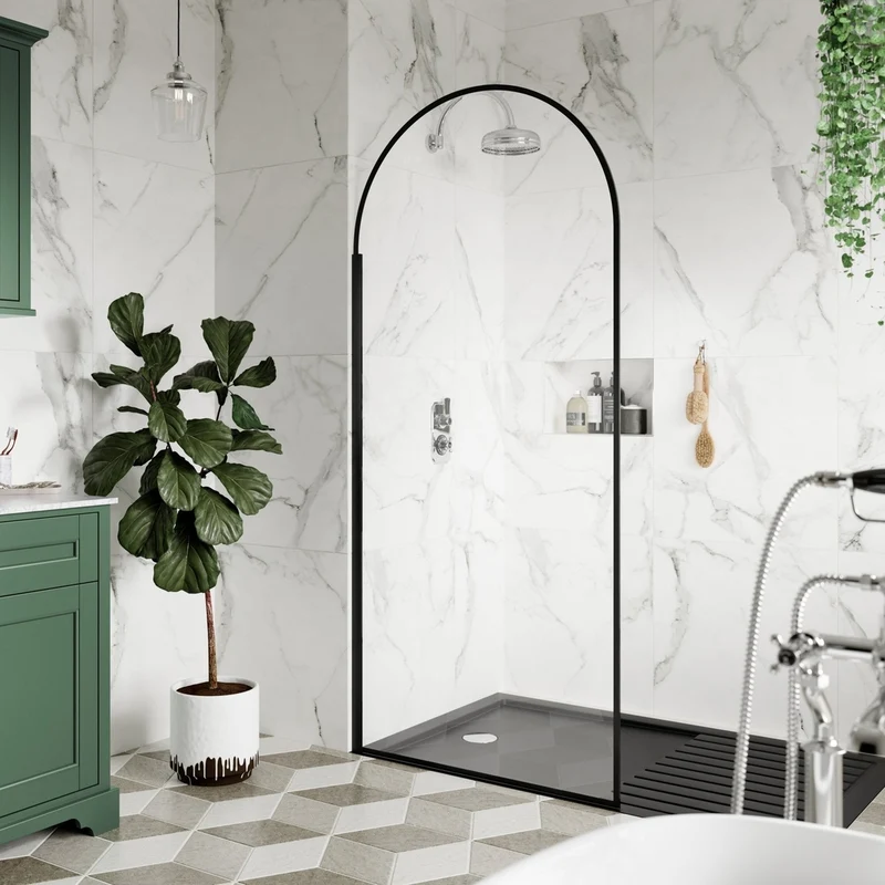 Hudson Reed Wetroom Screens 800mm Arched Wetroom Screen Contemp Matt Black Aluminium 1950x793x14mm