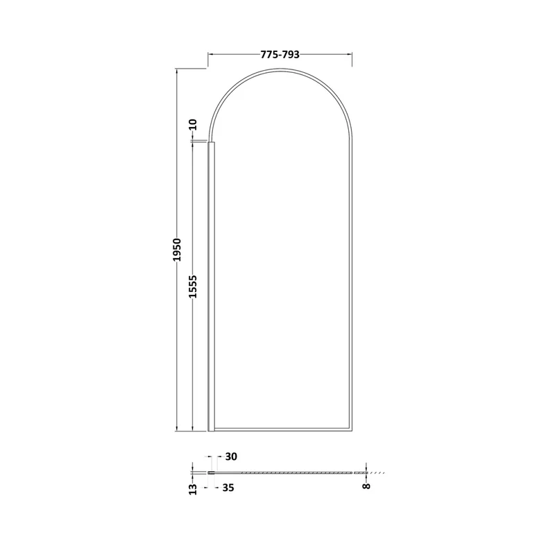 Hudson Reed Wetroom Screens 800mm Arched Wetroom Screen Contemp Matt Black Aluminium 1950x793x14mm