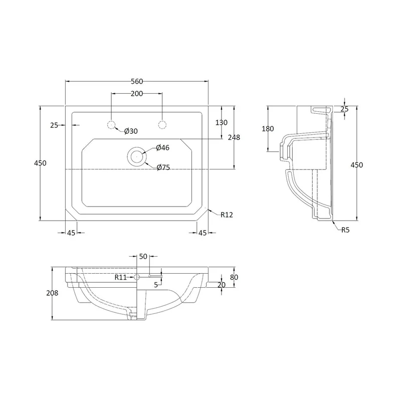 Hudson Reed Richmond 560mm Semi Recessed Basin (2 Tap Hole) Trad Matt White Vitreous China 208x560x450mm