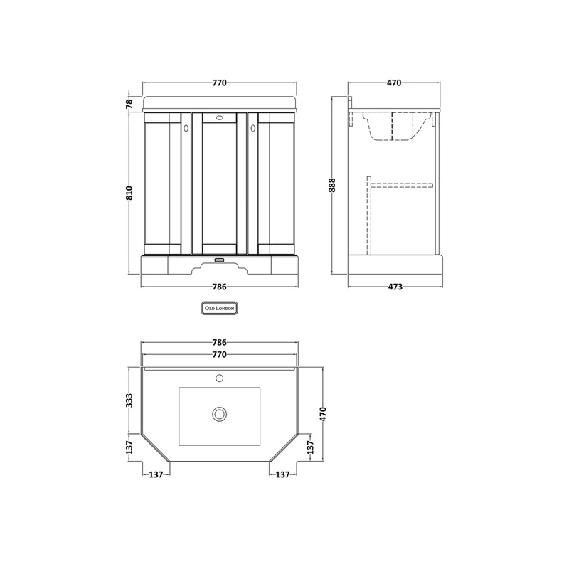Hudson Reed Old London 750mm 3-door Angled Unit & Marble Top 1th Trad Timeless Sand MDF Vinyl Textured Woodgrain 888x786x470mm - LOF417