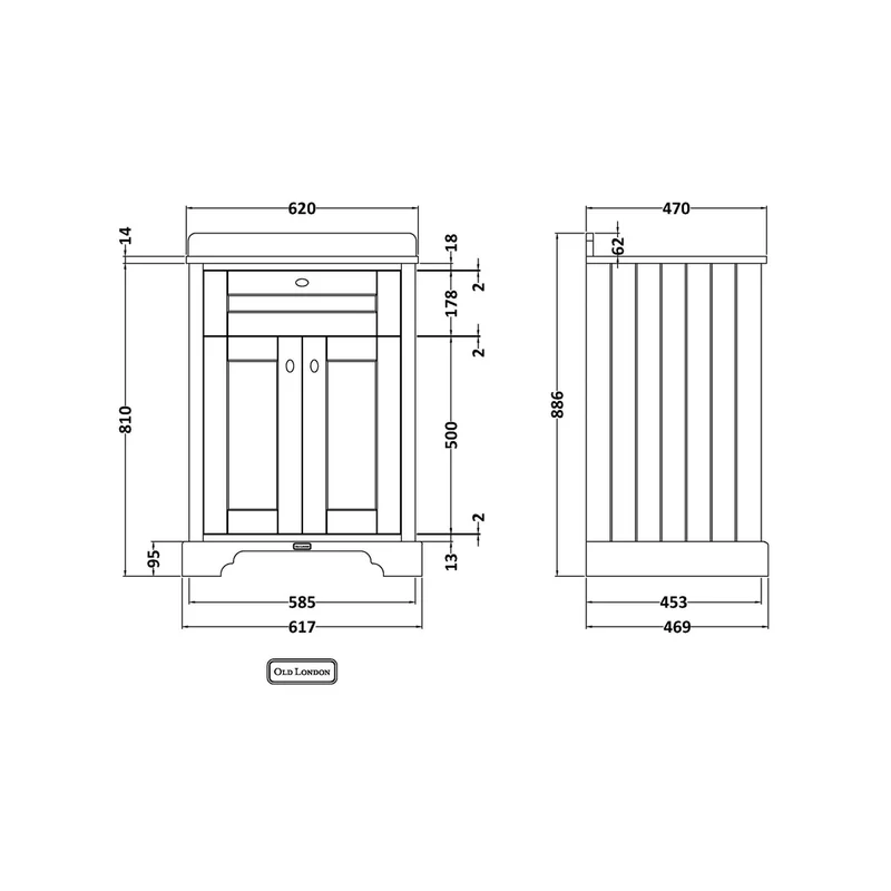 Hudson Reed Old London 600mm Cabinet & Marble Top (1th) Trad Timeless Sand MDF Vinyl Textured Woodgrain 845x660x505mm