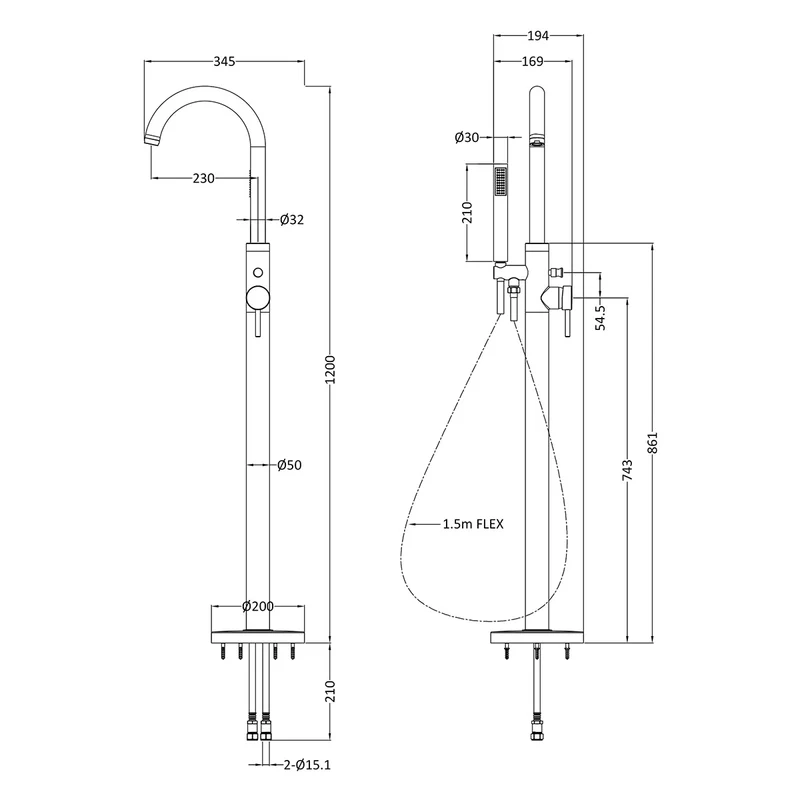 Hudson Reed Tec Floor Standing Bath Shower Mixer - Brushed Brass