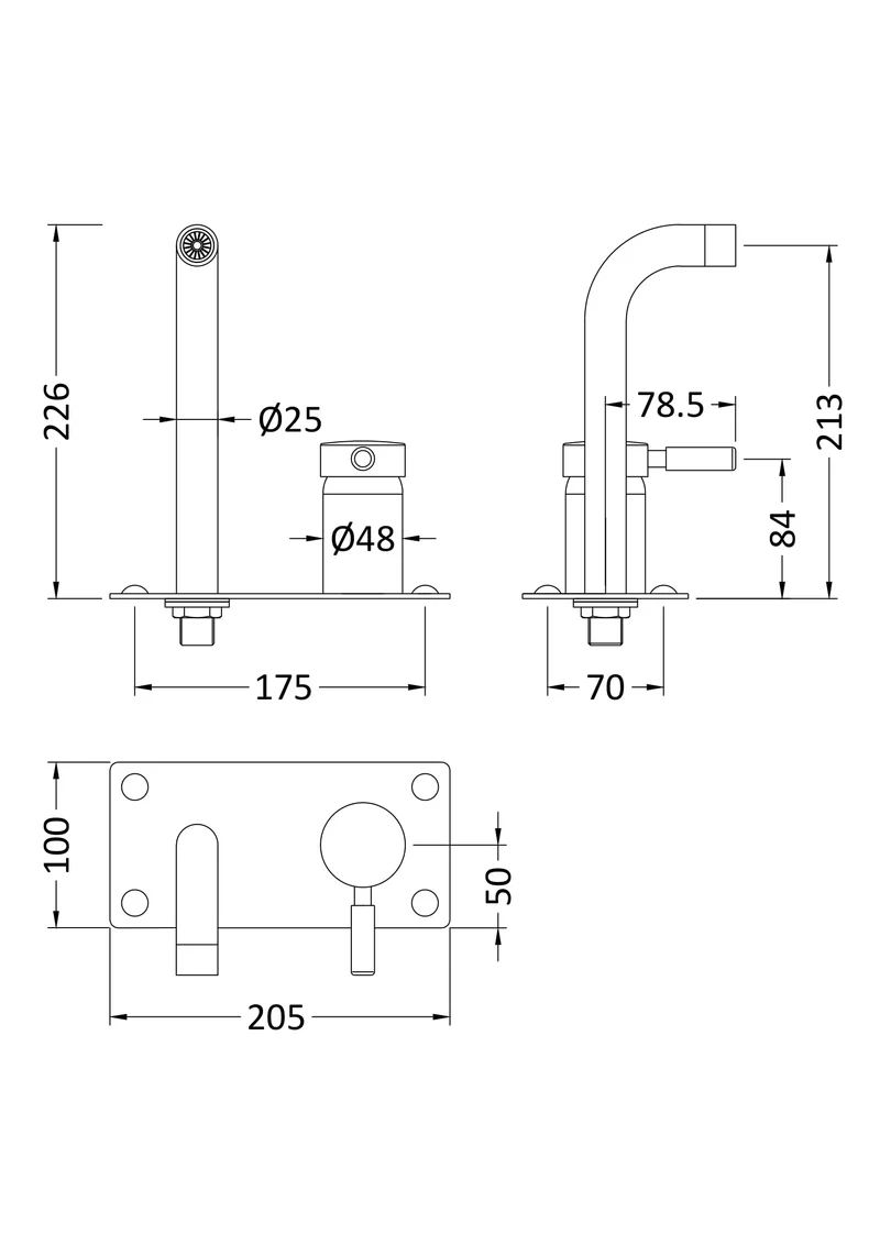 Hudson Reed Tec Single Lever Wall Mounted Basin Bath Filler - Brushed Brass