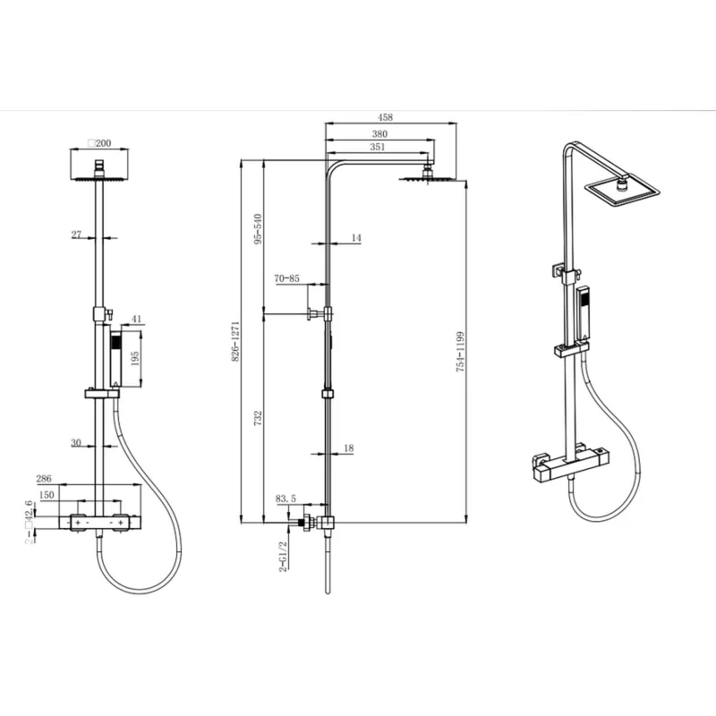 Lux Square Exposed Thermostatic Shower With 200mm Slim Overhead & Slide Rail Kit - Brushed Bronze