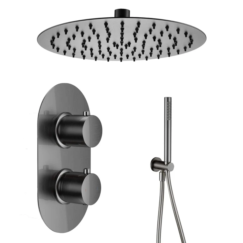 Lux Concealed Shower Set With Handset Kit, Slimline 250mm Overhead Shower & 300mm Wall Arm - Gunmetal Grey