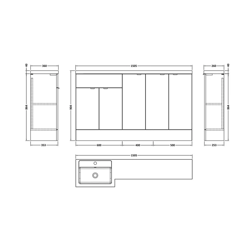 Hudson Reed Fusion 1500mm Combination Contemp Charcoal Black MFC Textured Woodgrain 904x1505x360mm