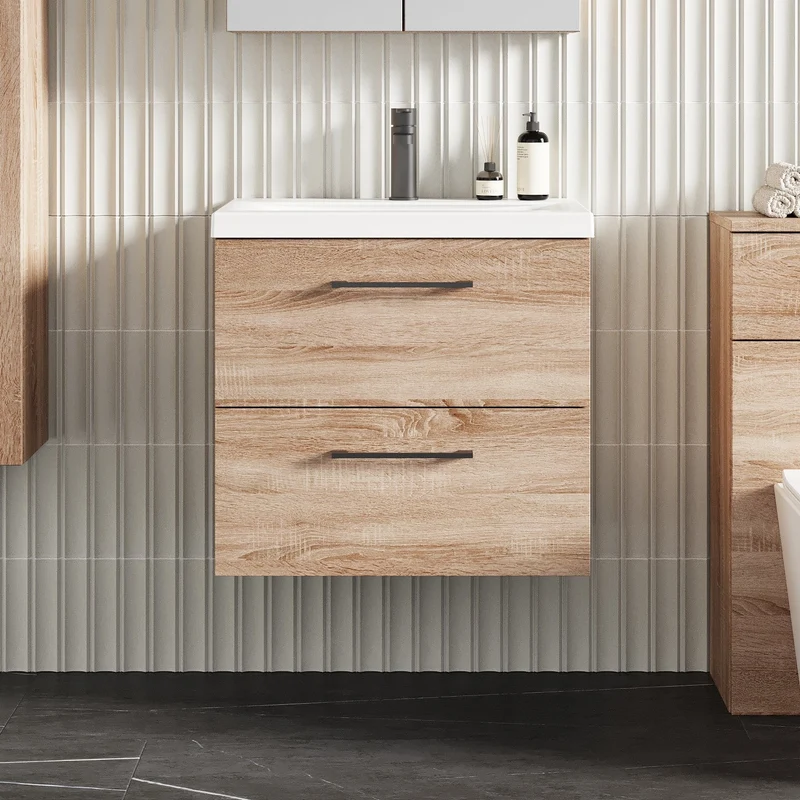 Lana 600mm Wall Hung 2 Drawer Vanity Unit & Basin - Bleached Oak