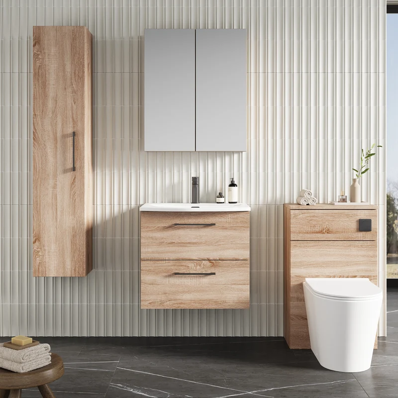 Lana 600mm Wall Hung 2 Drawer Vanity Unit & Basin - Bleached Oak