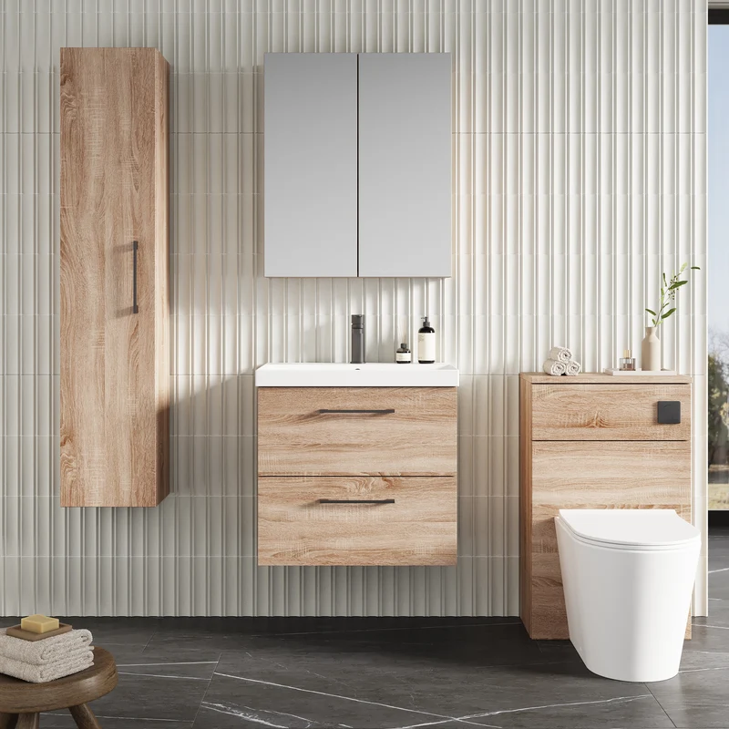Lana 600mm Wall Hung 2 Drawer Vanity Unit & Basin - Bleached Oak