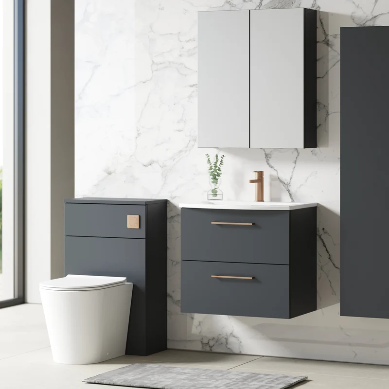 Lana 600mm Wall Hung 2 Drawer Vanity Unit & Basin - Satin Soft Black
