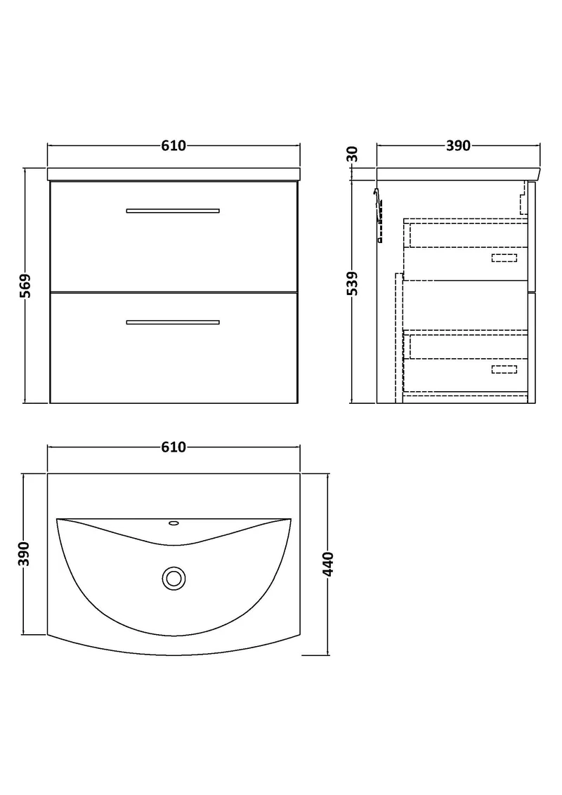 Lana 600mm Wall Hung 2 Drawer Vanity Unit & Basin - Satin Soft Black