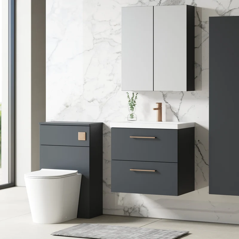 Lana 600mm Wall Hung 2 Drawer Vanity Unit & Basin - Satin Soft Black