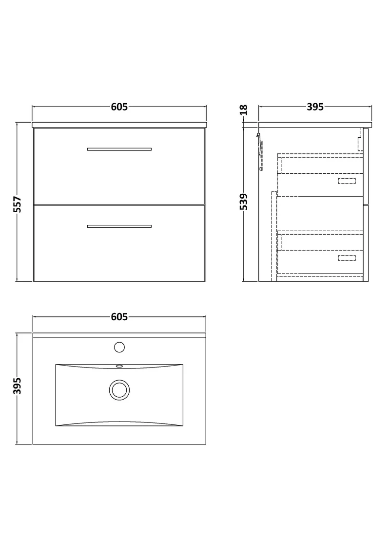 Lana 600mm Wall Hung 2 Drawer Vanity Unit & Basin - Satin Grey