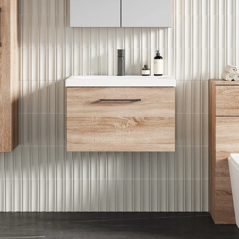 Lana 600mm Wall Hung 1 Drawer Vanity Unit & Basin - Bleached Oak