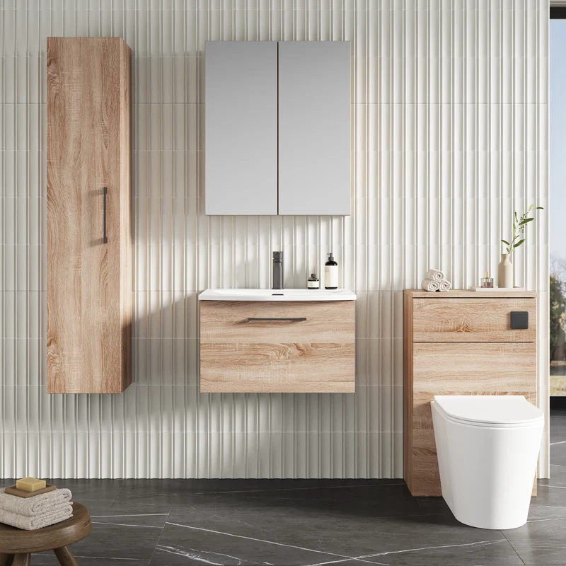 Lana 600mm Wall Hung 1 Drawer Vanity Unit & Basin - Bleached Oak
