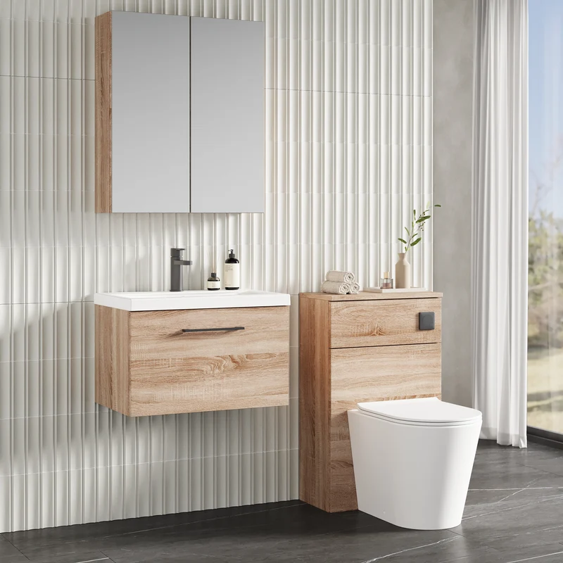 Lana 600mm Wall Hung 1 Drawer Vanity Unit & Basin - Bleached Oak