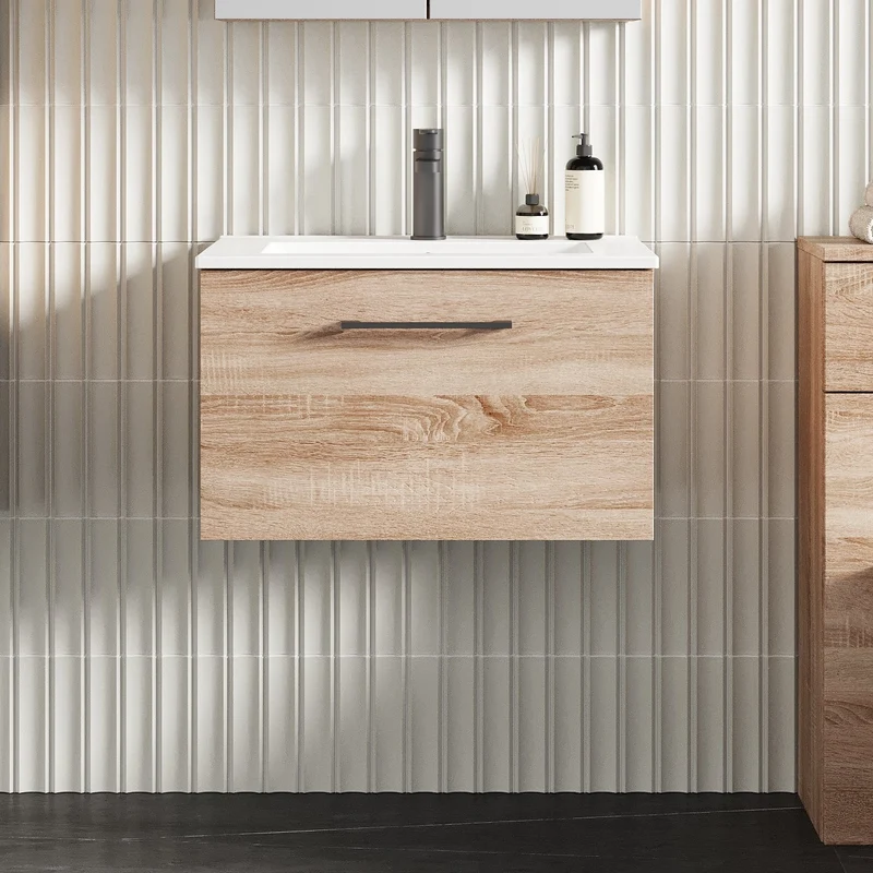 Lana 600mm Wall Hung 1 Drawer Vanity Unit & Basin - Bleached Oak