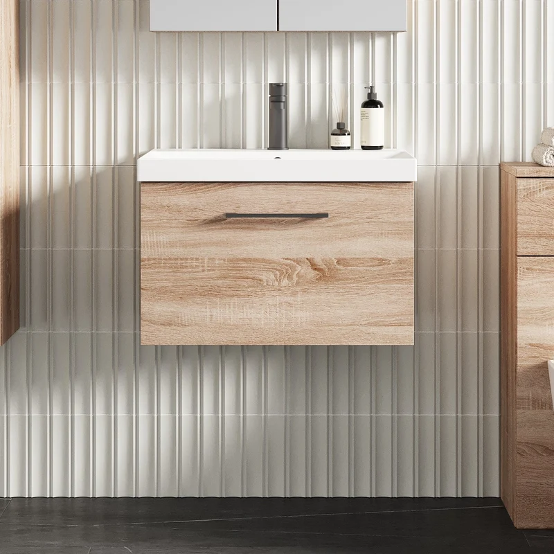 Lana 600mm Wall Hung 1 Drawer Vanity Unit & Basin - Bleached Oak