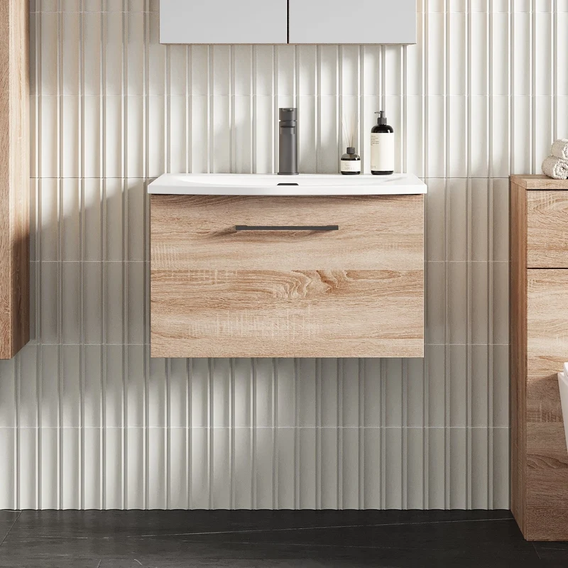 Lana 600mm Wall Hung 1 Drawer Vanity Unit & Basin - Bleached Oak