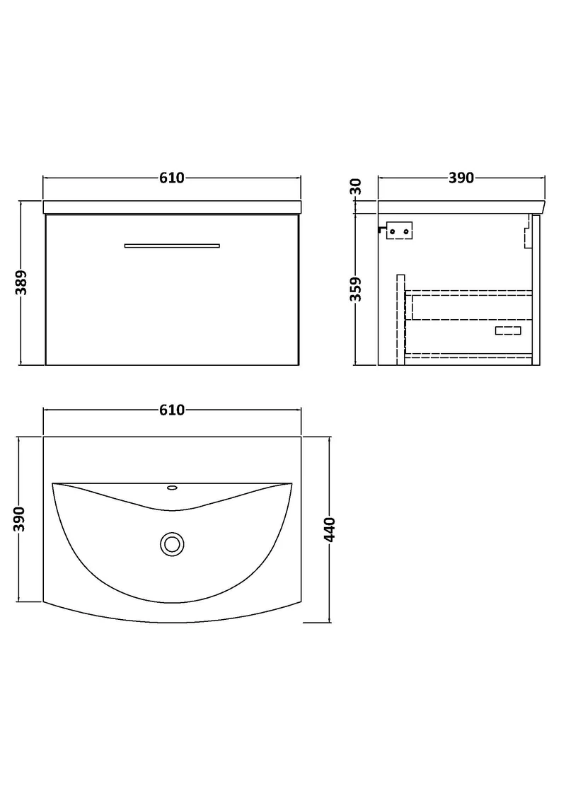 Lana 600mm Wall Hung 1 Drawer Vanity Unit & Basin - Satin Soft Black