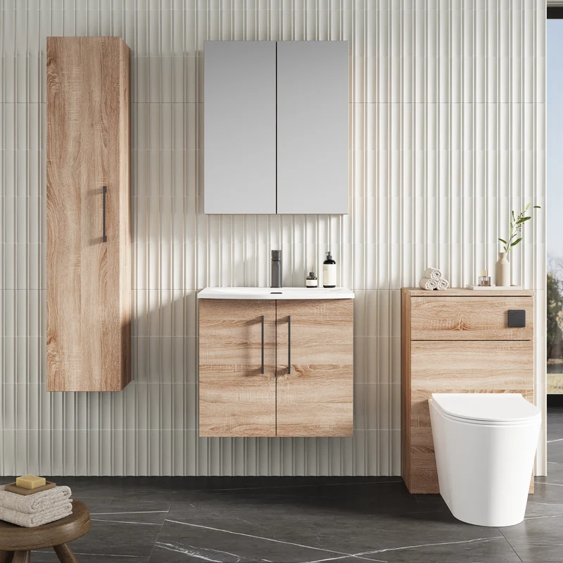 Lana 600mm Wall Hung 2 Door Vanity Unit & Basin - Bleached Oak
