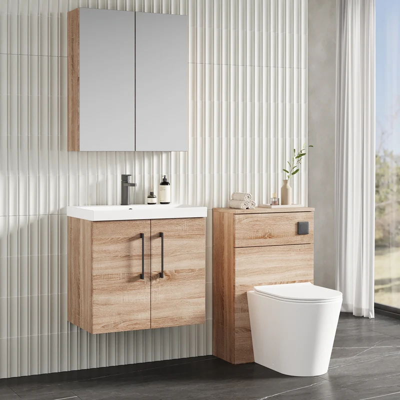 Lana 600mm Wall Hung 2 Door Vanity Unit & Basin - Bleached Oak