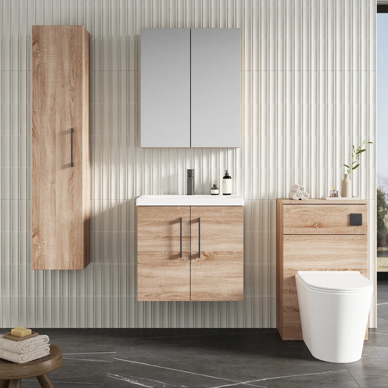 Lana 600mm Wall Hung 2 Door Vanity Unit & Basin - Bleached Oak