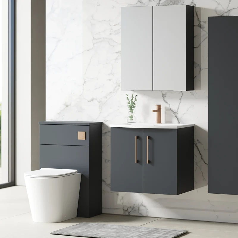 Lana 600mm Wall Hung 2 Door Vanity Unit & Basin - Satin Soft Black