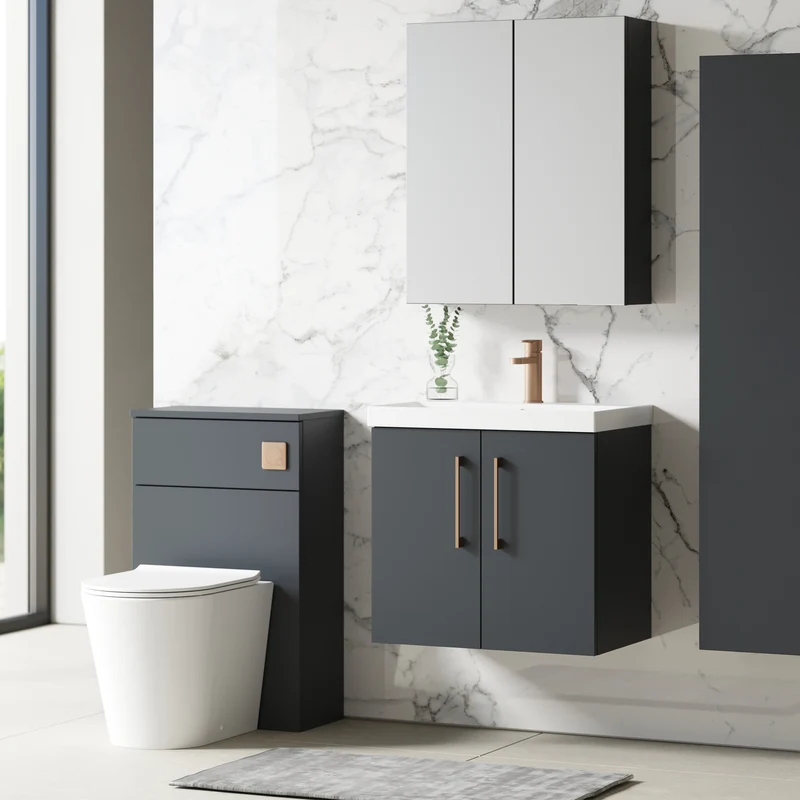 Lana 600mm Wall Hung 2 Door Vanity Unit & Basin - Satin Soft Black