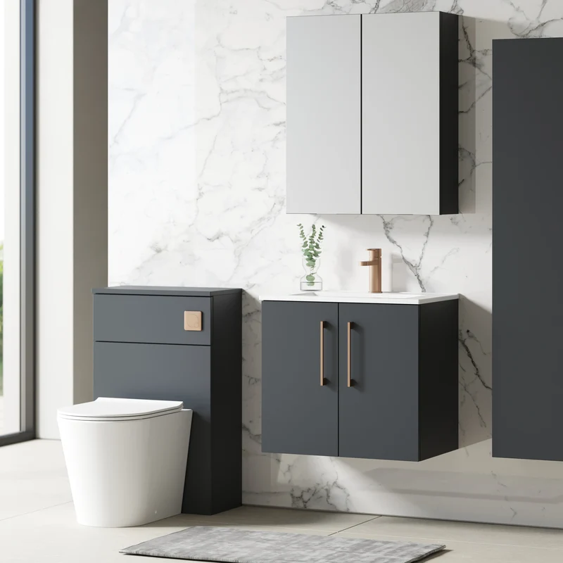 Lana 600mm Wall Hung 2 Door Vanity Unit & Basin - Satin Soft Black