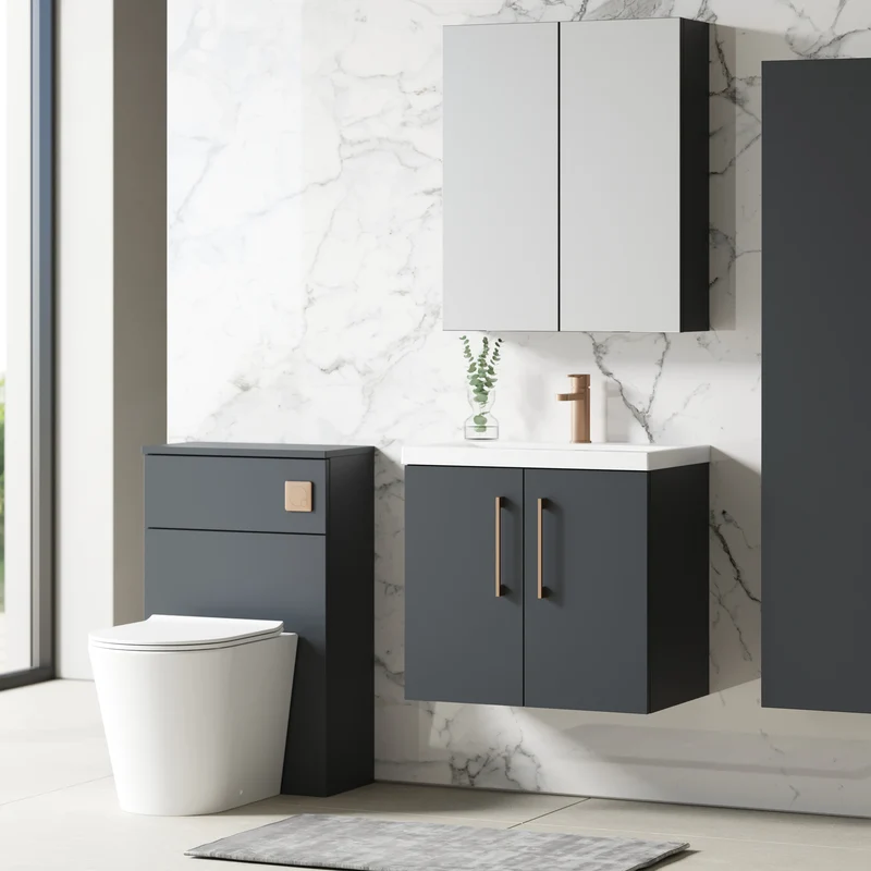 Lana 600mm Wall Hung 2 Door Vanity Unit & Basin - Satin Soft Black