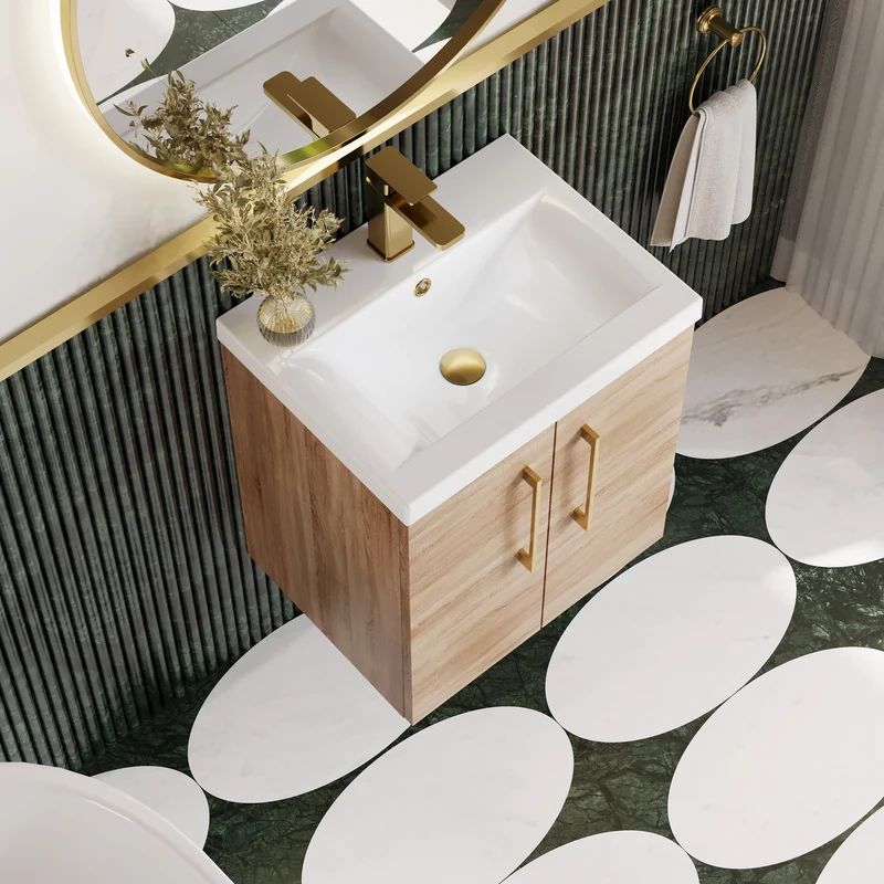 Lana 500mm Wall Hung 2 Door Vanity Unit & Basin - Bleached Oak