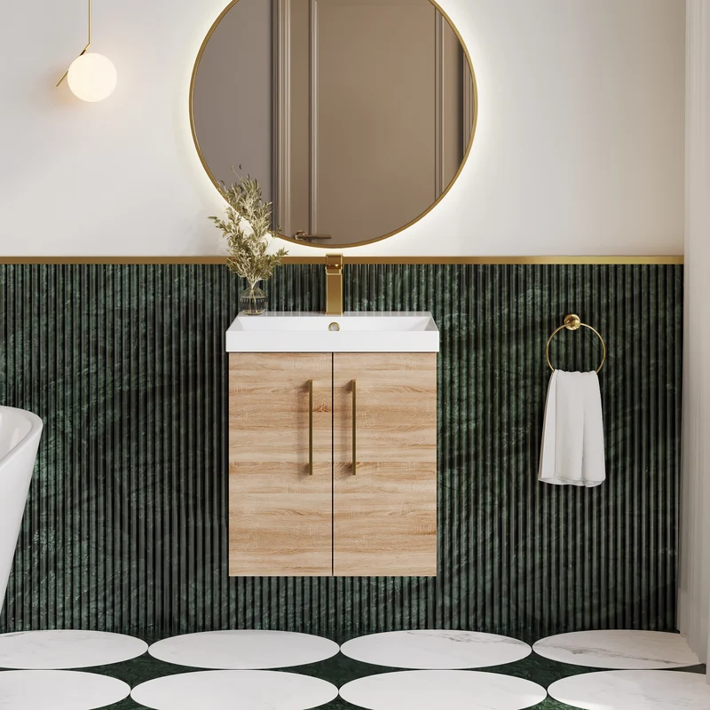 Lana 500mm Wall Hung 2 Door Vanity Unit & Basin - Bleached Oak