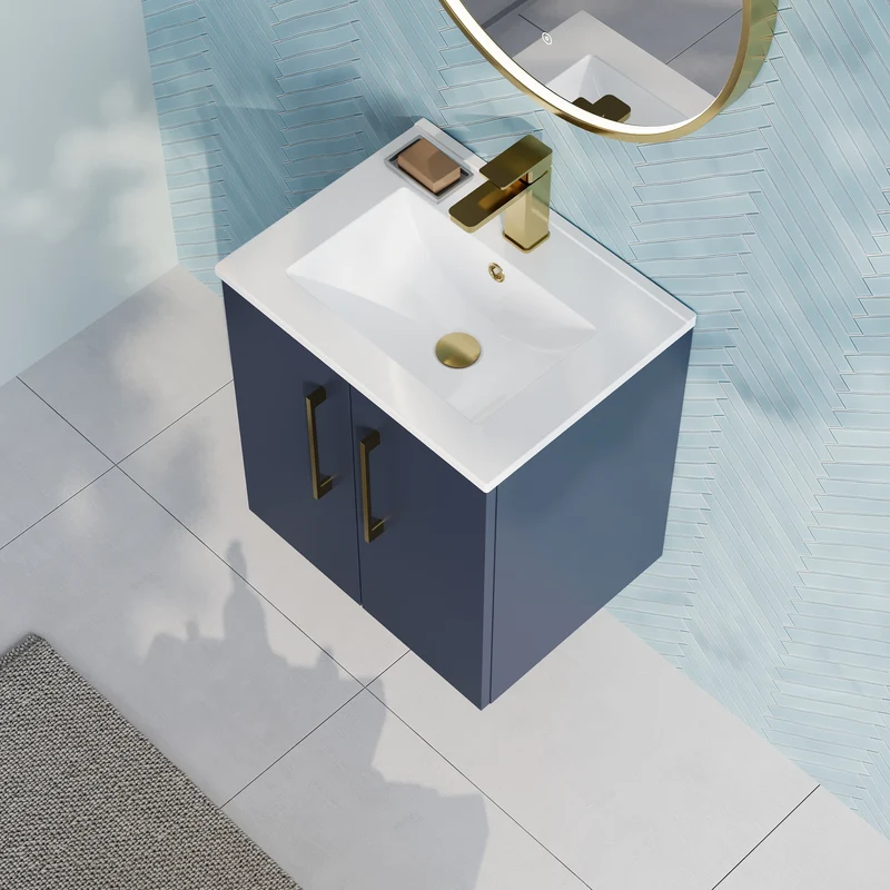 Lana 500mm Wall Hung 2 Door Vanity Unit & Basin - Satin Midnight Blue