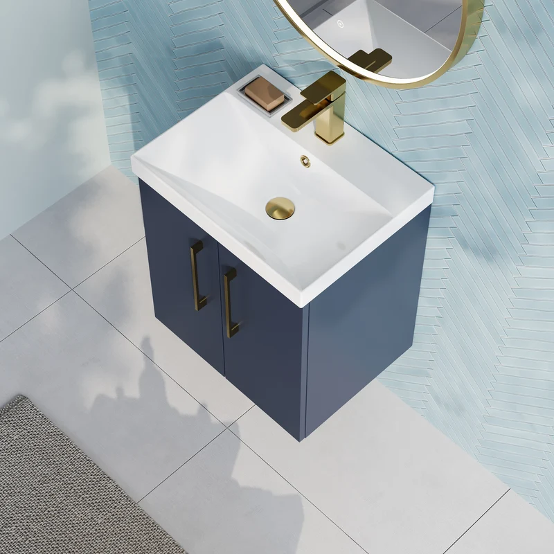 Lana 500mm Wall Hung 2 Door Vanity Unit & Basin - Satin Midnight Blue