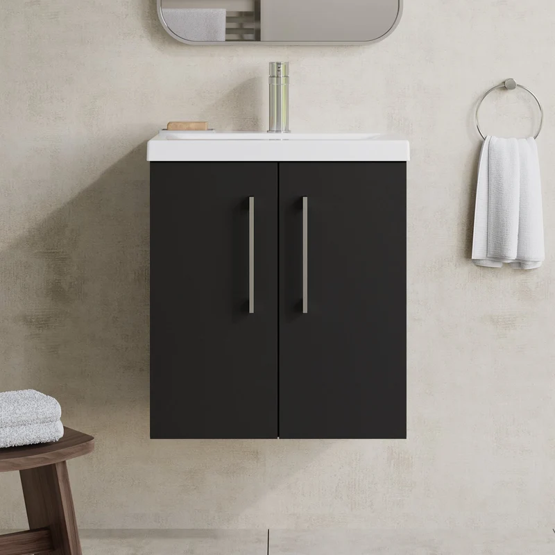 Lana 500mm Wall Hung 2 Door Vanity Unit & Basin - Satin Soft Black