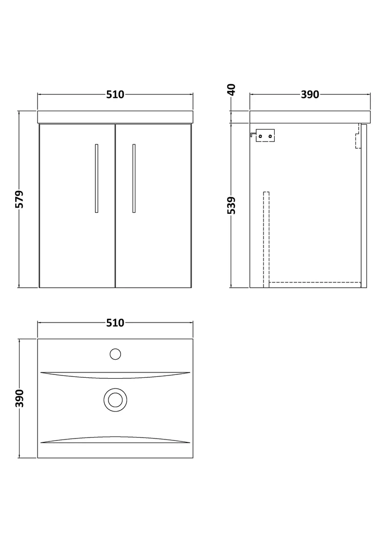 Lana 500mm Wall Hung 2 Door Vanity Unit & Basin - Satin Soft Black